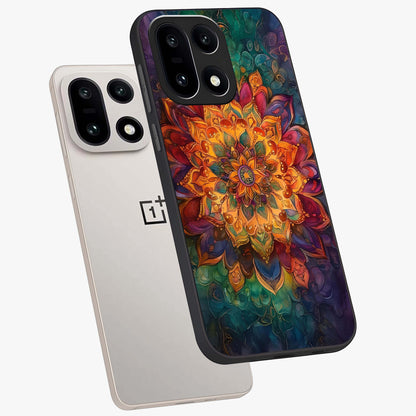 Mandala Vibrants Glass Case for 1+15 angled mockup showcasing glossy finish and intricate geometric detailing