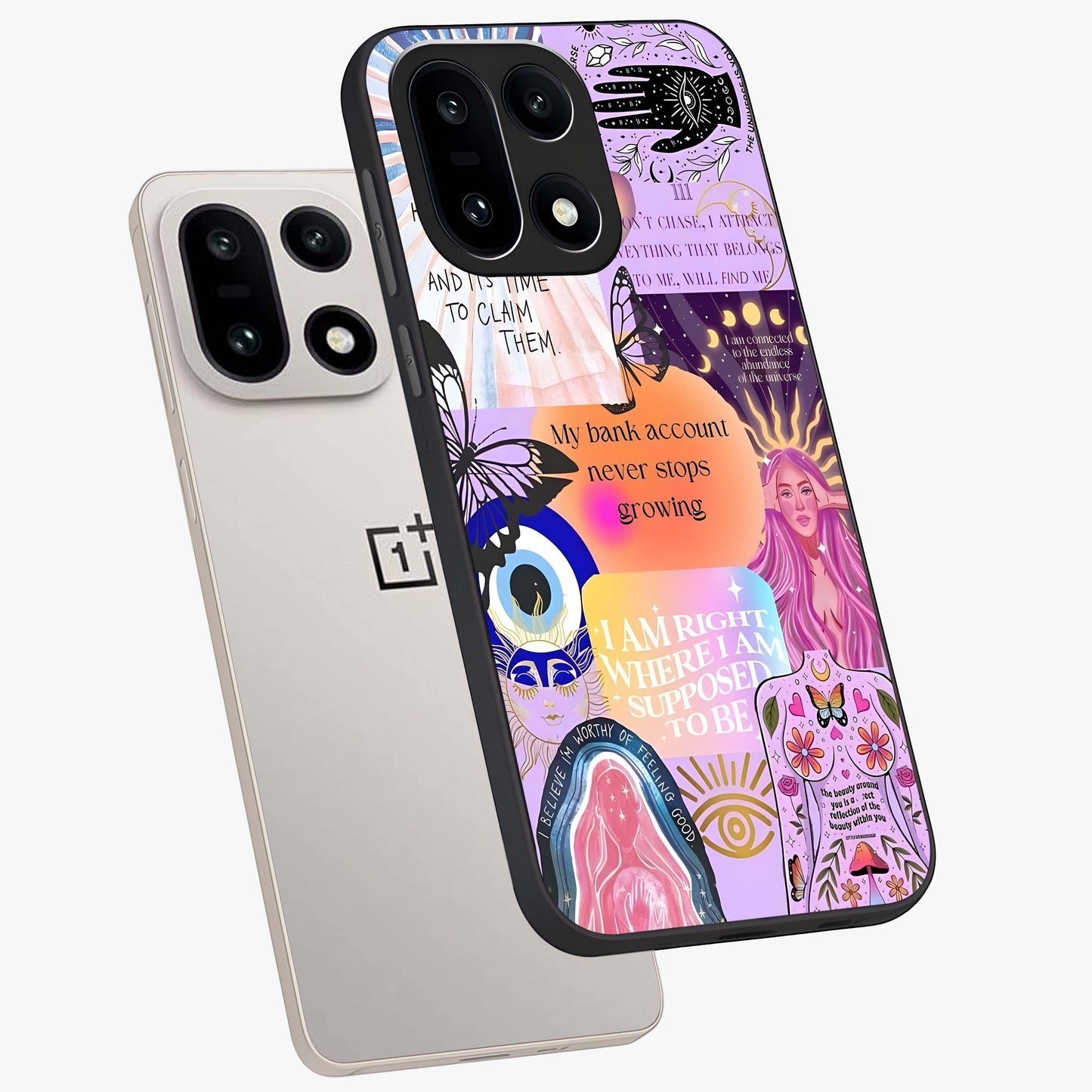 Manifestation Collage Glass Case for 1+15 angled mockup showcasing glossy finish and layered artistic textures
