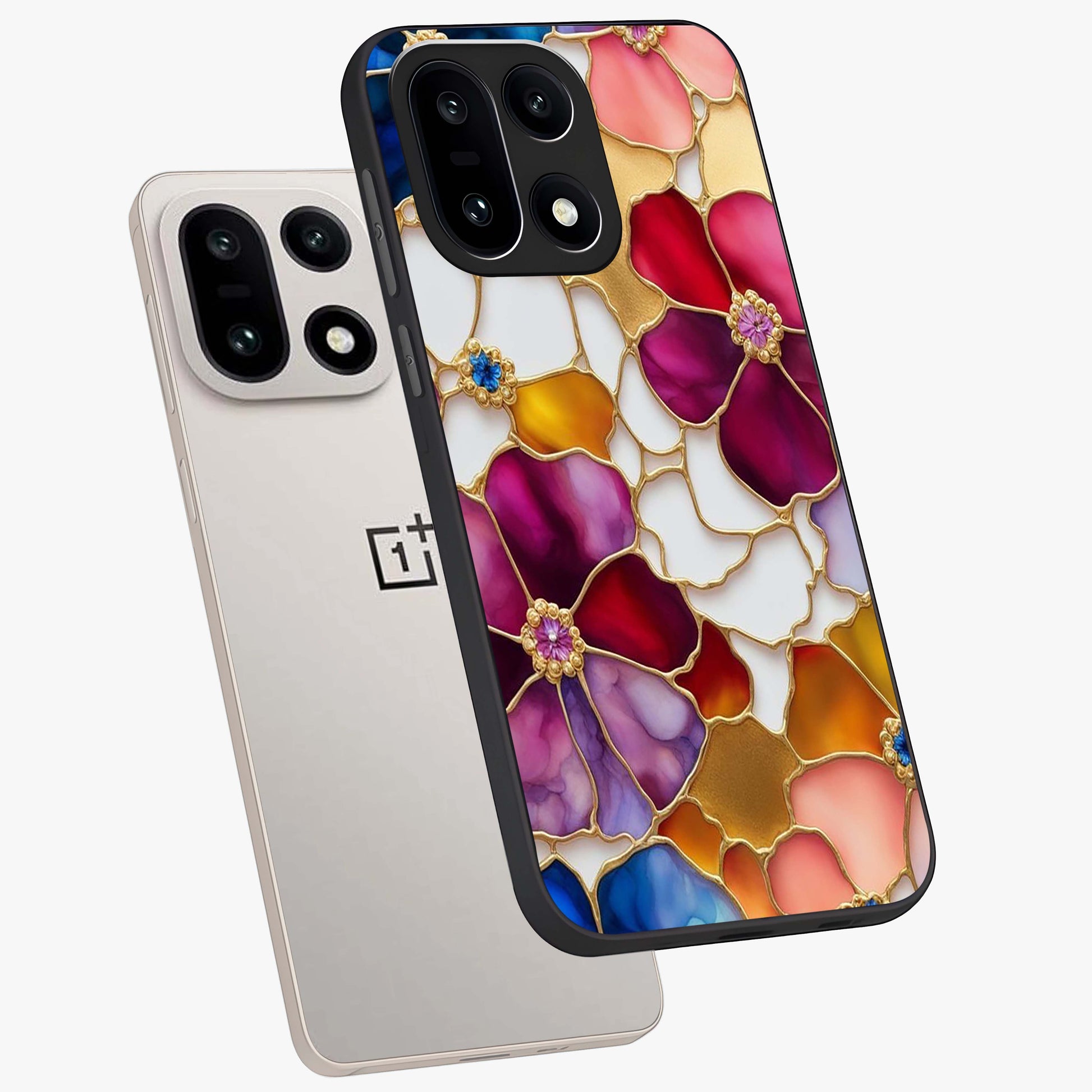 Marble Flower Pattern Glass Case for 1+15 angled mockup showcasing glossy finish and detailed bloom accents