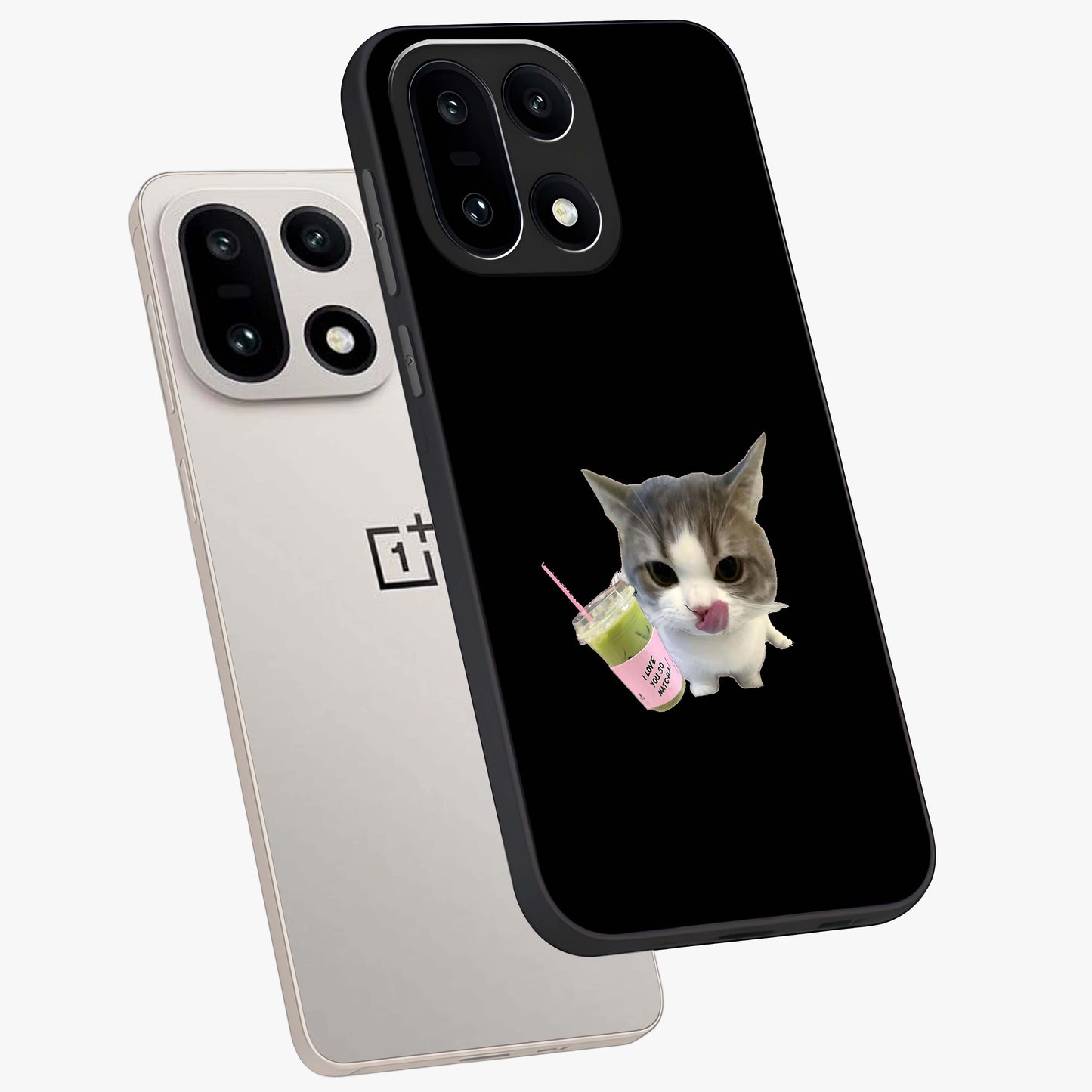Matcha Cat Style Glass Case for 1+15 angled mockup showcasing glossy glass finish and playful pastel detailing