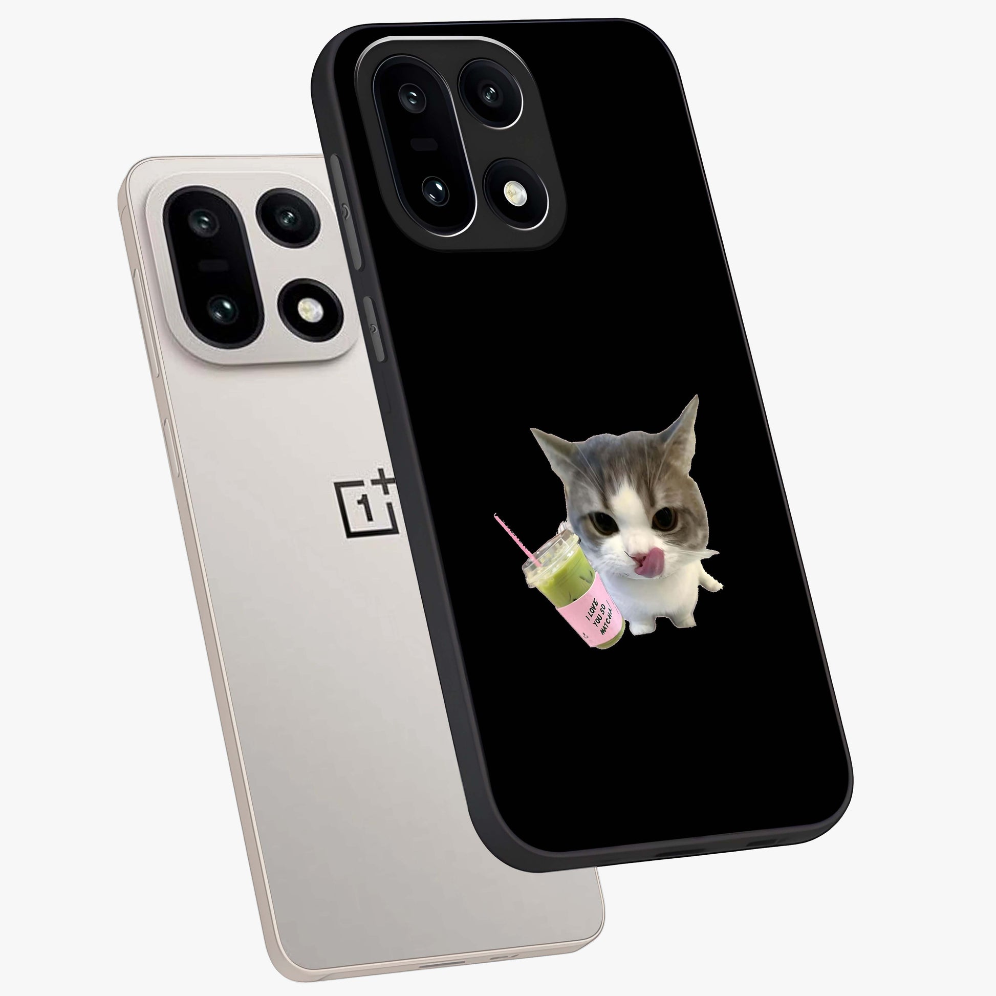 Matcha Cat Style Glass Case for 1+15 angled mockup showcasing glossy glass finish and playful pastel detailing