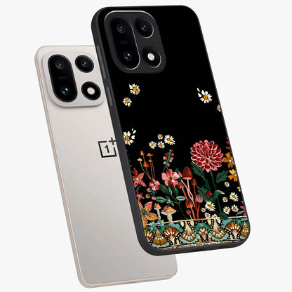 Midnight Bloom Pattern Glass Case for 1+15 angled mockup showcasing glossy finish and rich bloom detailing