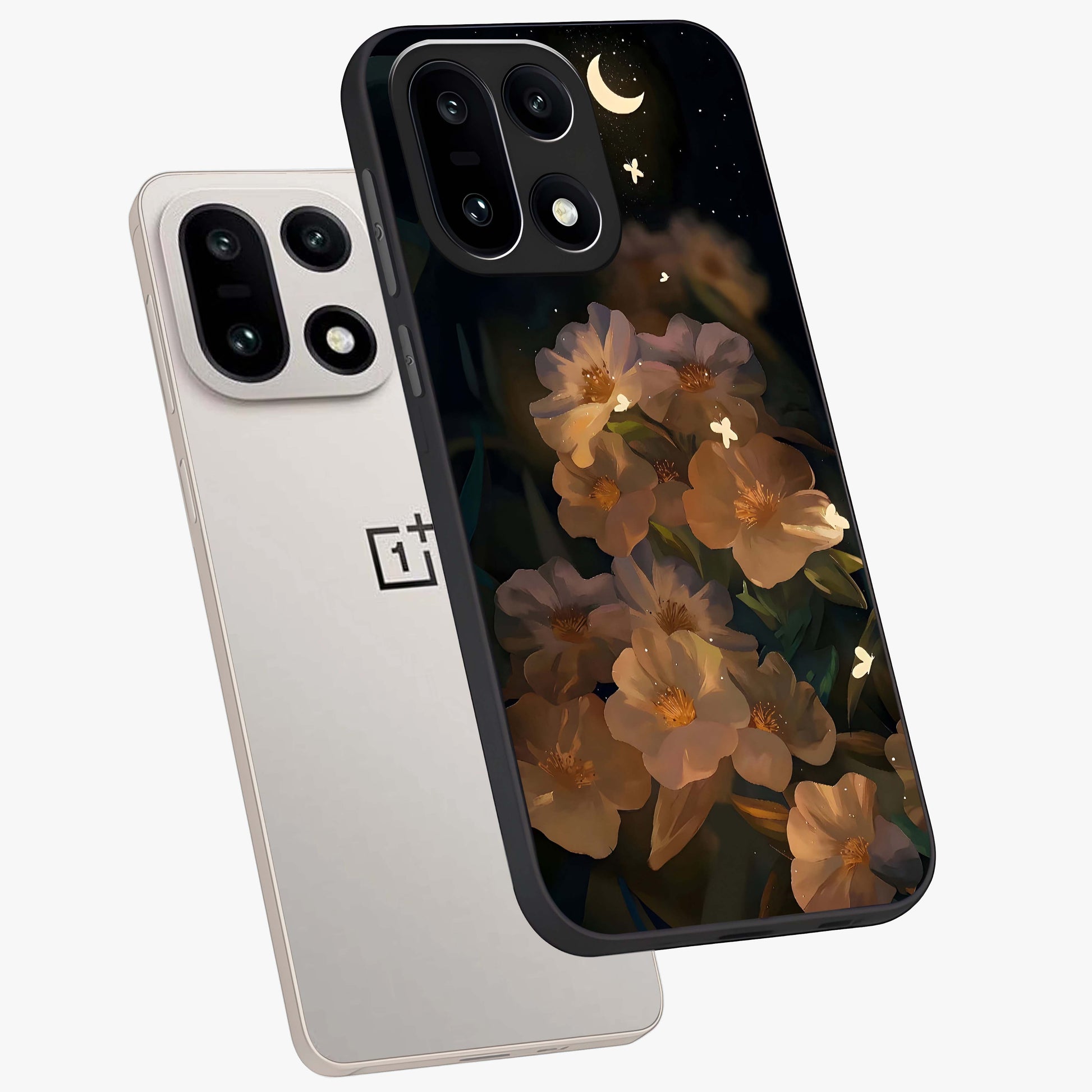 Midnight Bloom Trail Glass Case for 1+15 angled mockup showcasing glossy finish and luminous bloom accents