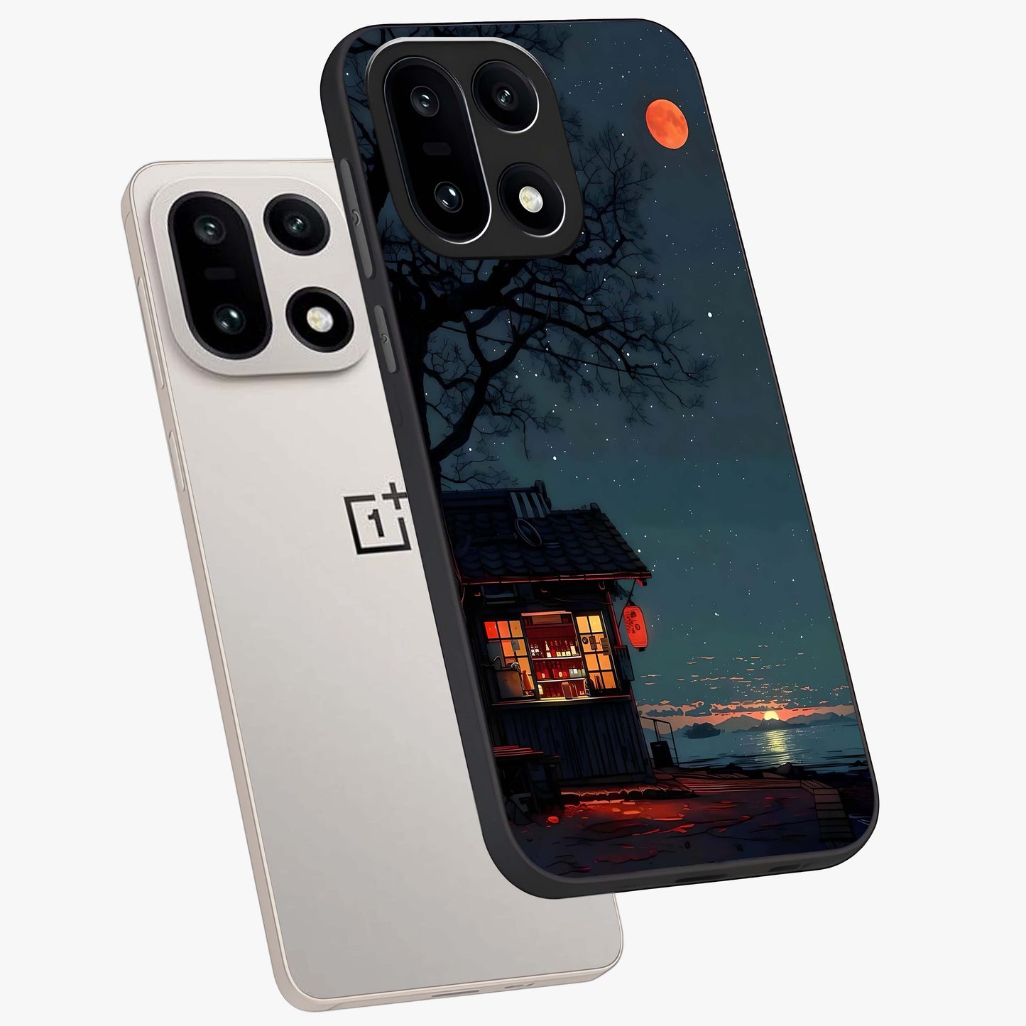 Midnight Lantern Glow Glass Case for 1+15 angled mockup showcasing glossy finish and warm luminous tones