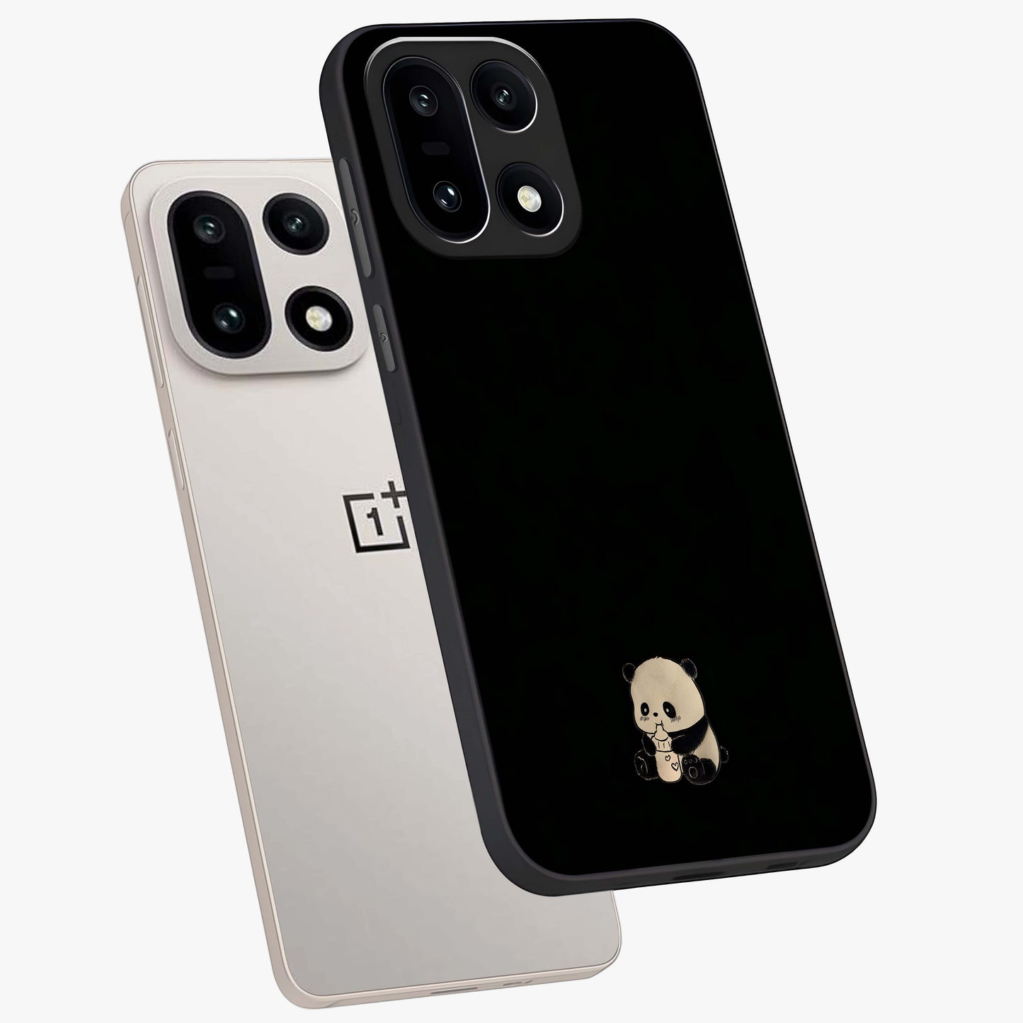 Midnight Panda Love Glass Case for 1+15 angled mockup showcasing glossy finish and soft contrast tones