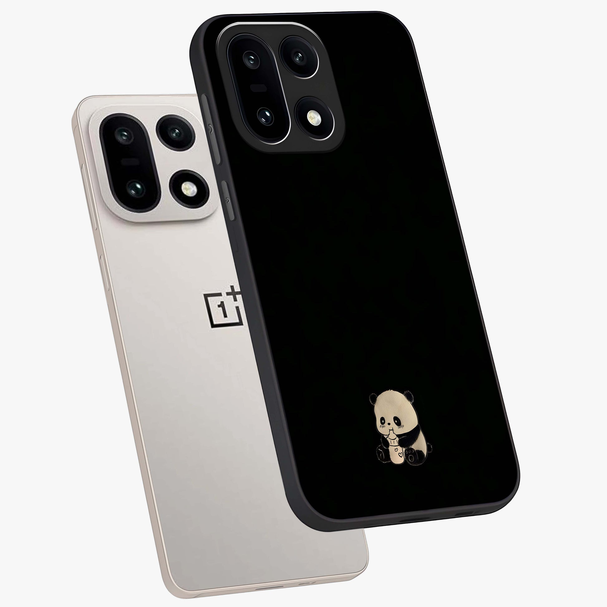 Midnight Panda Love Glass Case for 1+15 angled mockup showcasing glossy finish and soft contrast tones