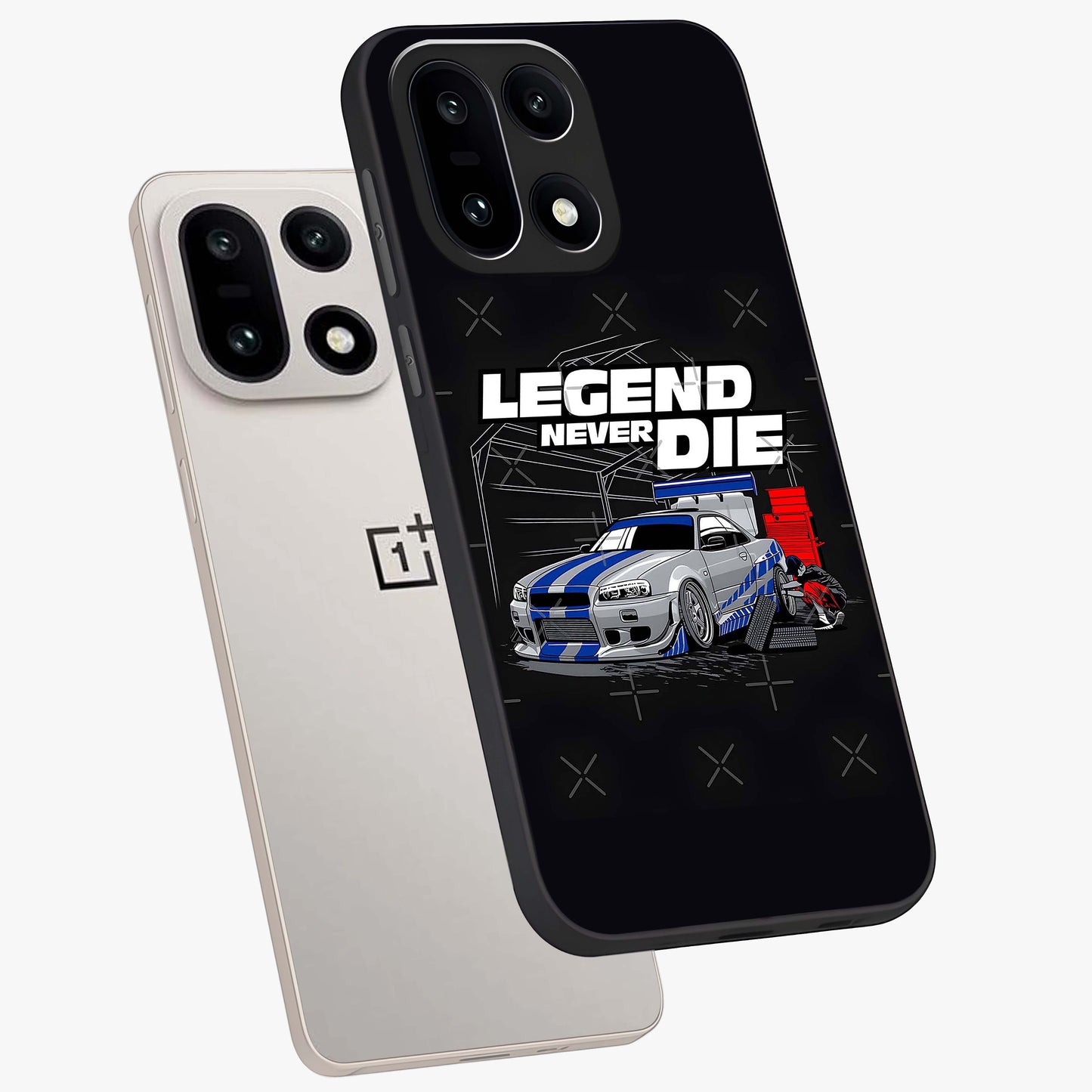 Midnight Racing Legacy Glass Case for 1+15 angled mockup showcasing glossy glass finish and dynamic motion detailing
