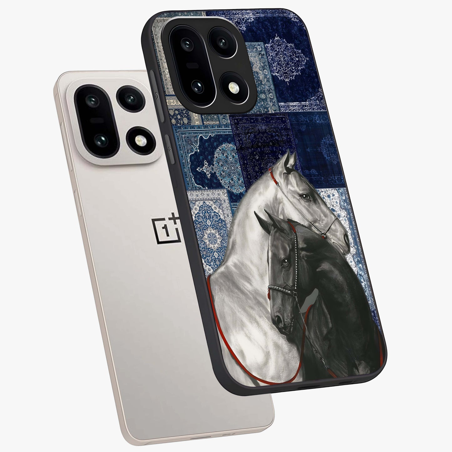 Midnight Stallion Blues Glass Case for 1+15 angled mockup showcasing glossy finish and dramatic equestrian detailing
