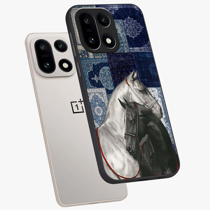 Midnight Stallion Blues Glass Case for 1+15 angled mockup showcasing glossy finish and dramatic equestrian detailing