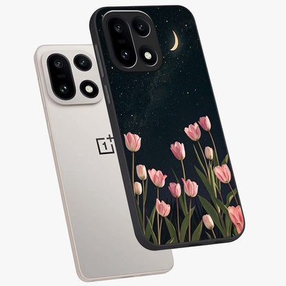 Midnight Tulip Whispers Vibe Glass Case for 1+15 angled mockup showcasing glossy finish and subtle bloom detailing