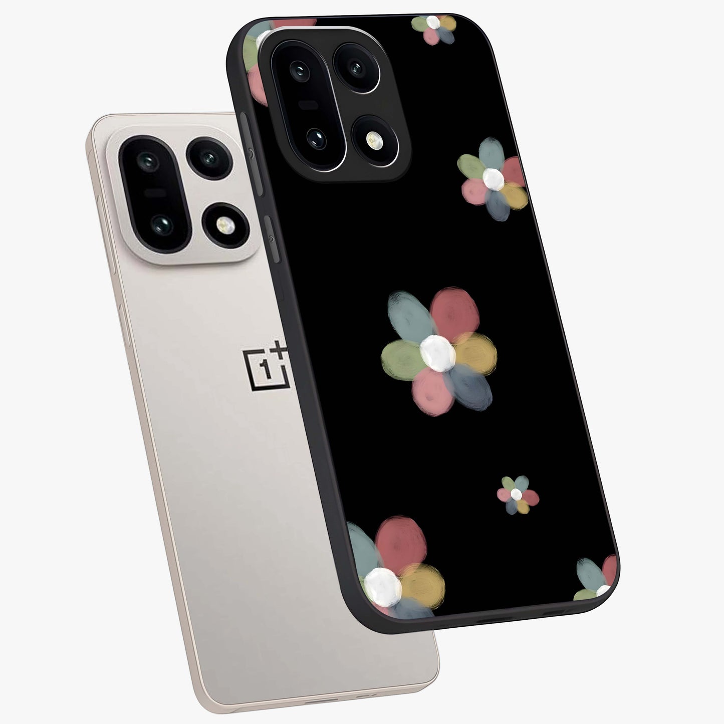 Minimal Floral Charm Glass Case for 1+15 angled mockup showcasing glossy finish and soft pastel tones