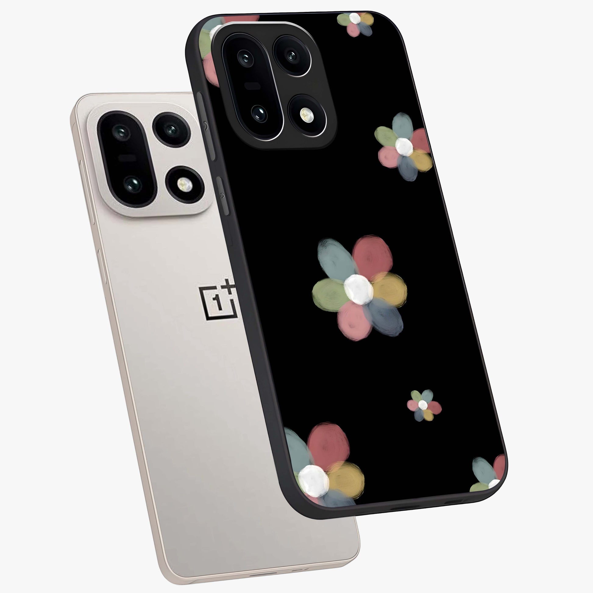Minimal Floral Charm Glass Case for 1+15 angled mockup showcasing glossy finish and soft pastel tones