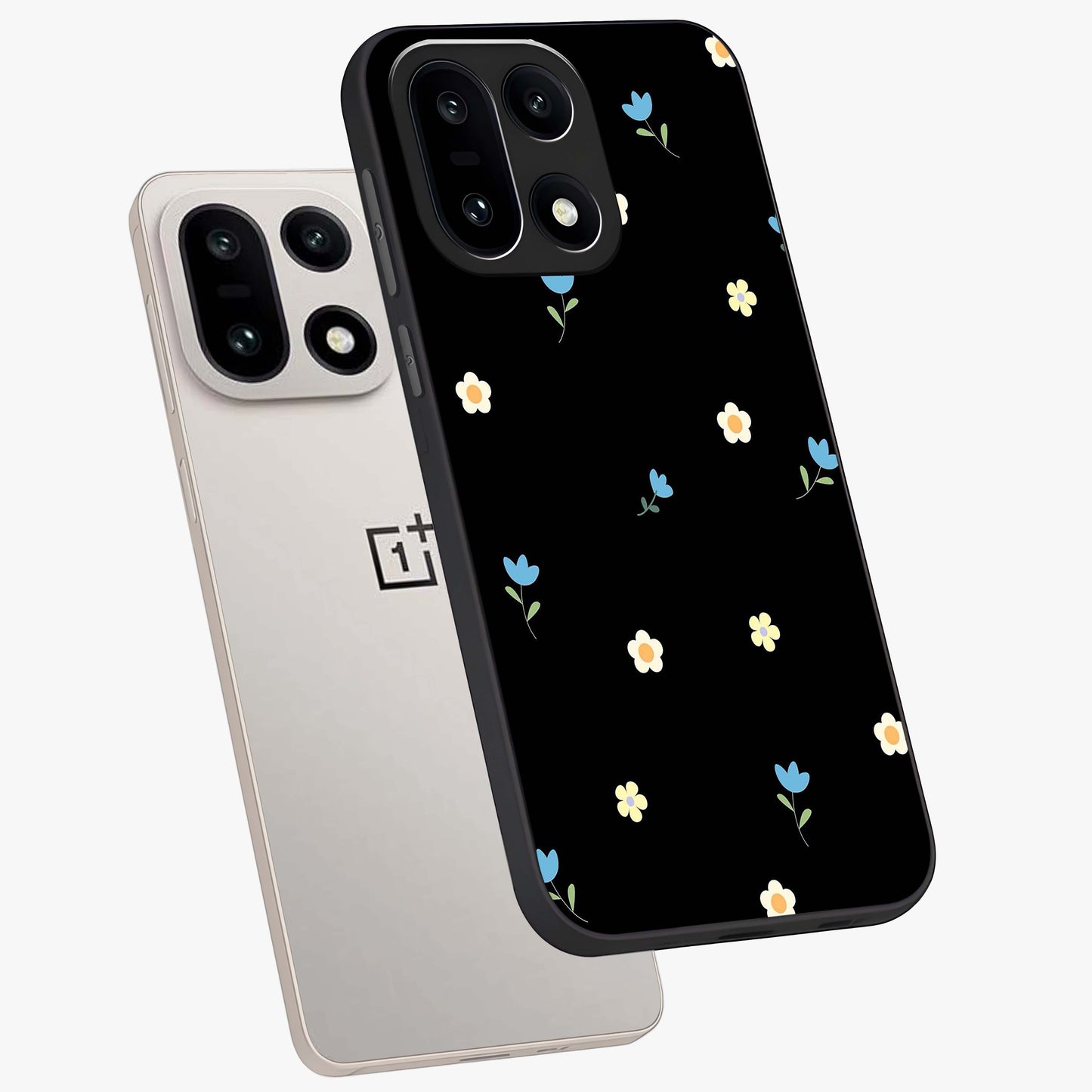 Minimalistic Blue With White Flower Pattern Glass Case for 1+15 angled mockup showcasing glossy finish and crisp clean detailing