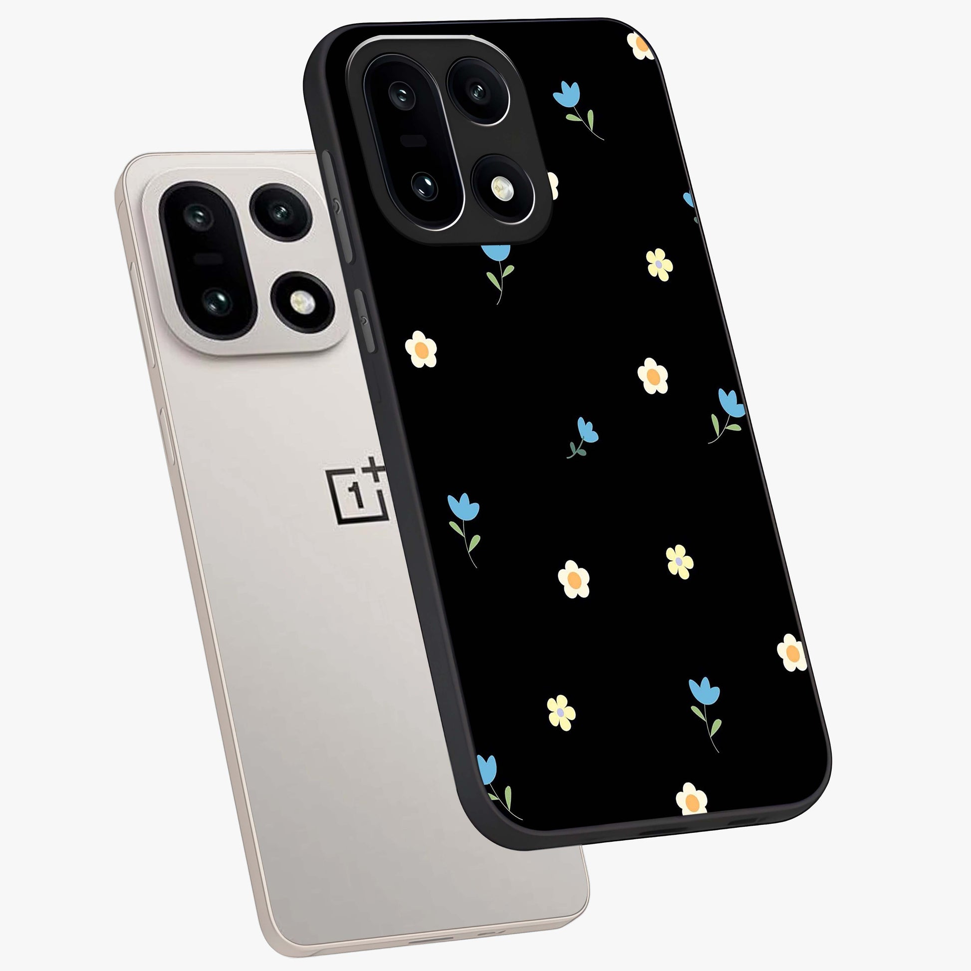 Minimalistic Blue With White Flower Pattern Glass Case for 1+15 angled mockup showcasing glossy finish and crisp clean detailing