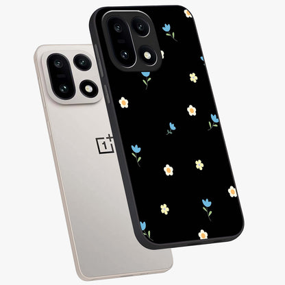 Minimalistic Blue With White Flower Pattern Glass Case for 1+15 angled mockup showcasing glossy finish and crisp clean detailing