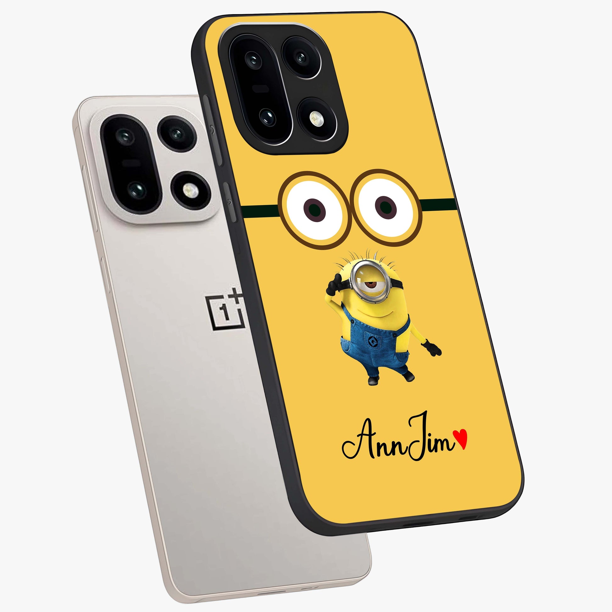 Minion Custom Name Glass Case for 1+15 angled mockup showcasing glossy finish and vibrant character detailing