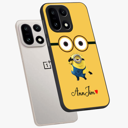 Minion Custom Name Glass Case for 1+15 angled mockup showcasing glossy finish and vibrant character detailing
