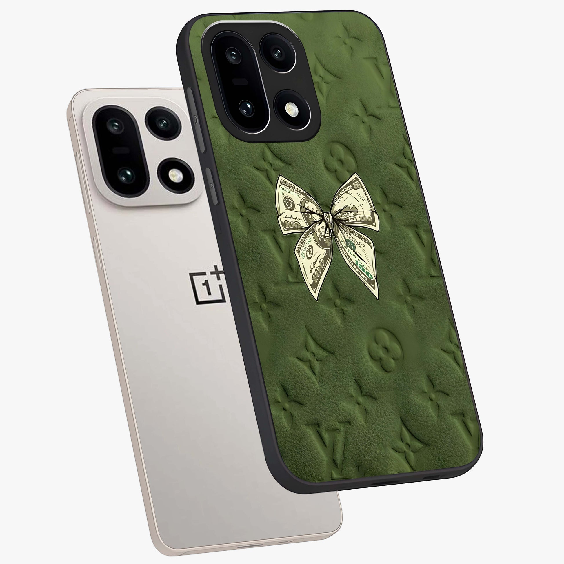 Money Bow Lv Glass Case for 1+15 angled mockup showcasing glossy finish and premium aesthetic detailing