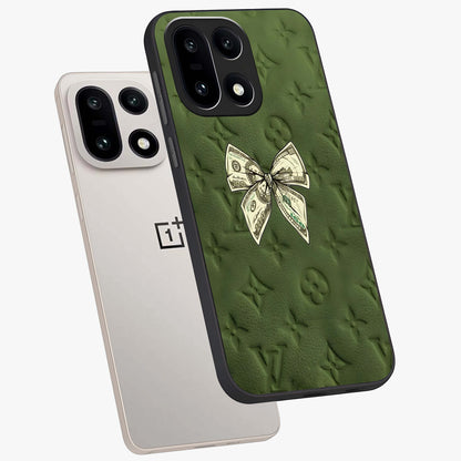 Money Bow Lv Glass Case for 1+15 angled mockup showcasing glossy finish and premium aesthetic detailing