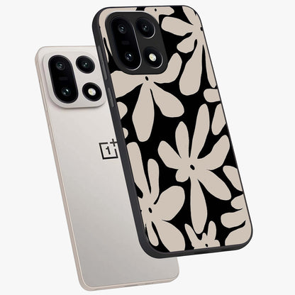 Monochrome Petal Dance Glass Case for 1+15 angled mockup showcasing glossy finish and elegant contrast detailing