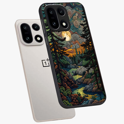 Moonlight Forest Dream Glass Case for 1+15 angled mockup showcasing glossy finish and deep night gradients