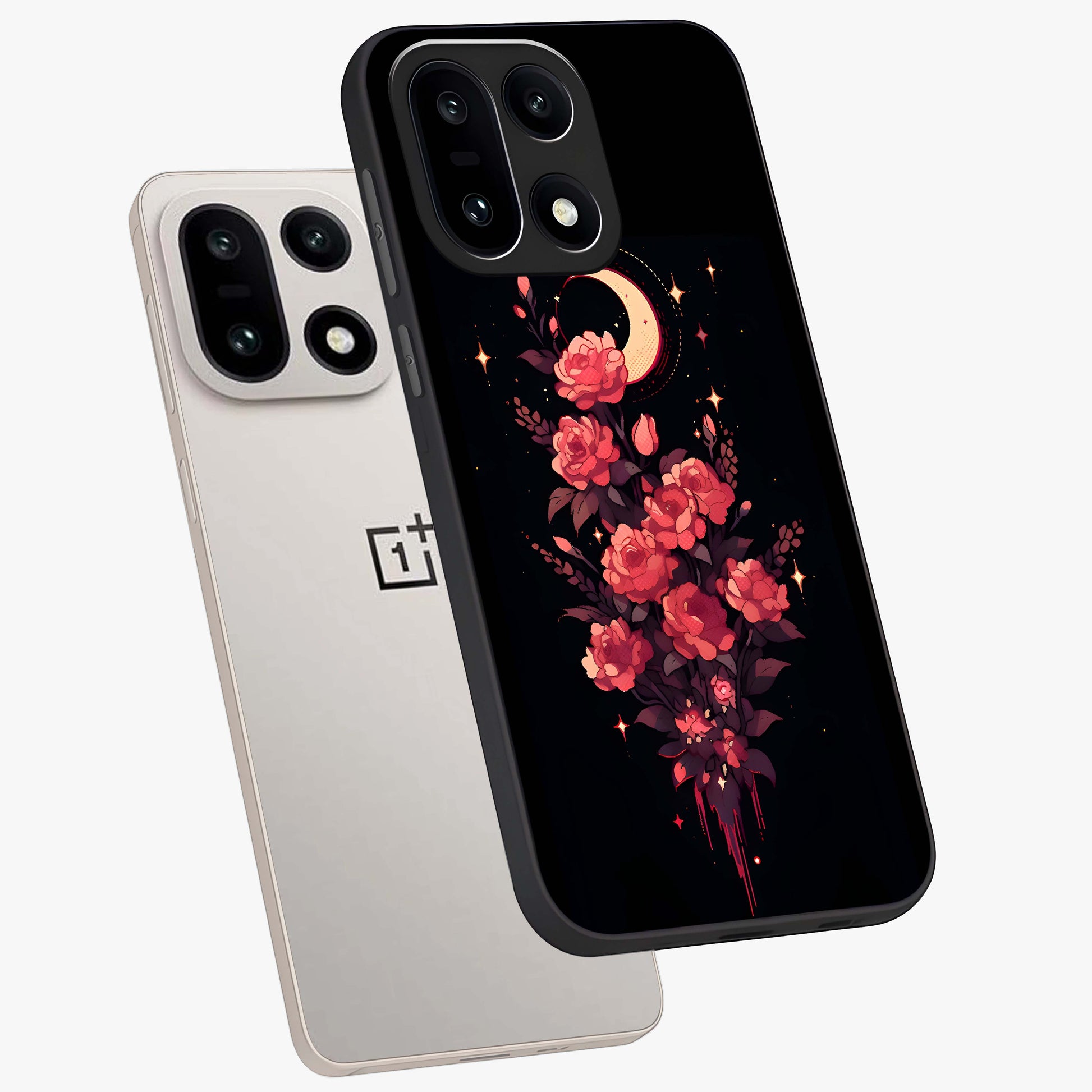 Moonlit Floral Elegance Glass Case for 1+15 angled mockup showcasing glossy finish and rich night tones