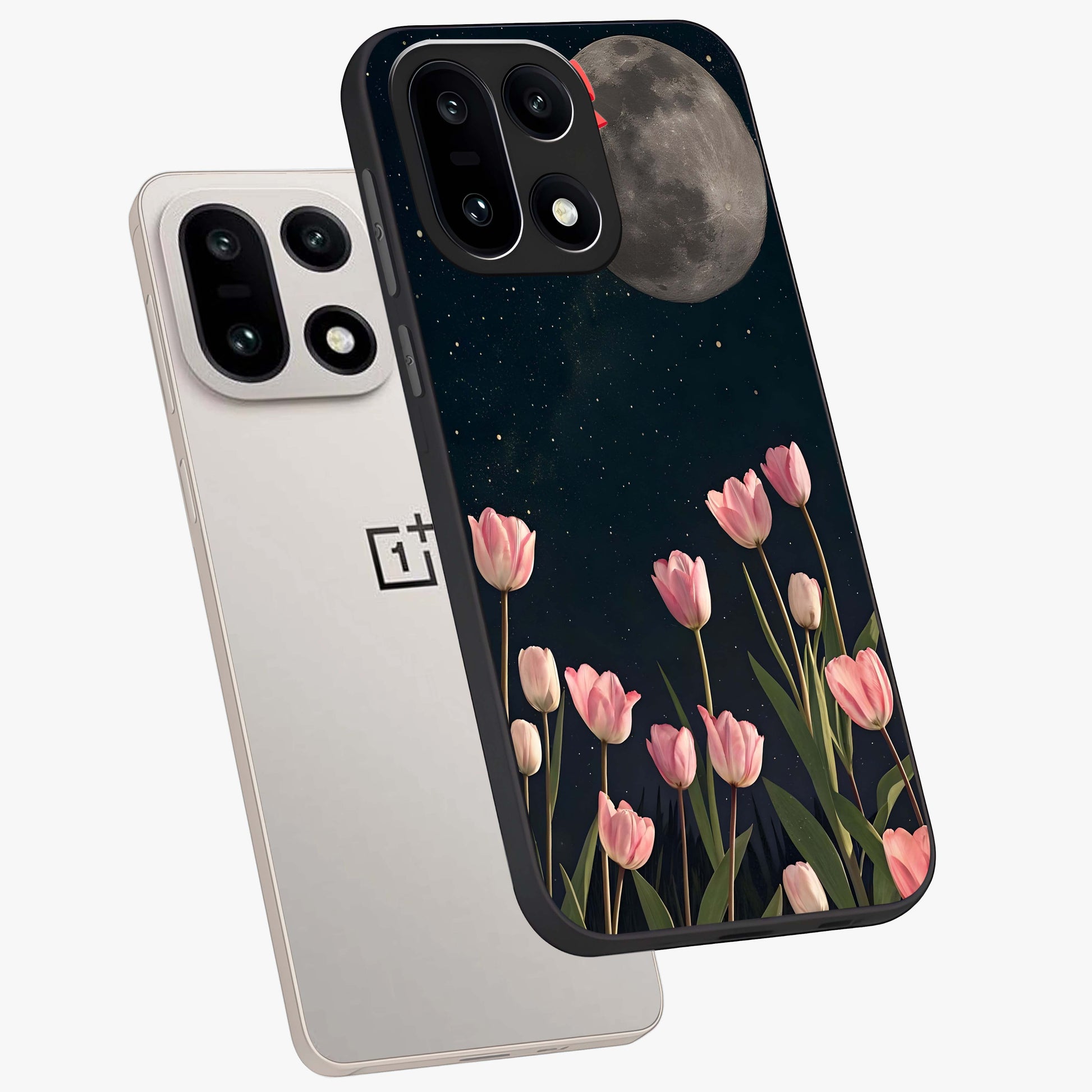 Moonlit Night Tulip Glass Case for 1+15 angled mockup showcasing glossy finish and soft luminous accents