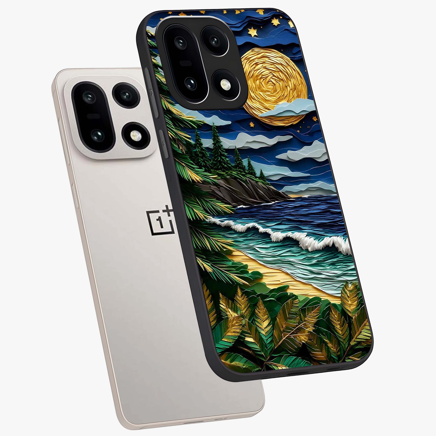 Moonlit Ocean Pines Glass Case for 1+15 angled mockup showcasing glossy finish and deep blue gradients