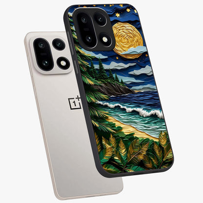 Moonlit Ocean Pines Glass Case for 1+15 angled mockup showcasing glossy finish and deep blue gradients