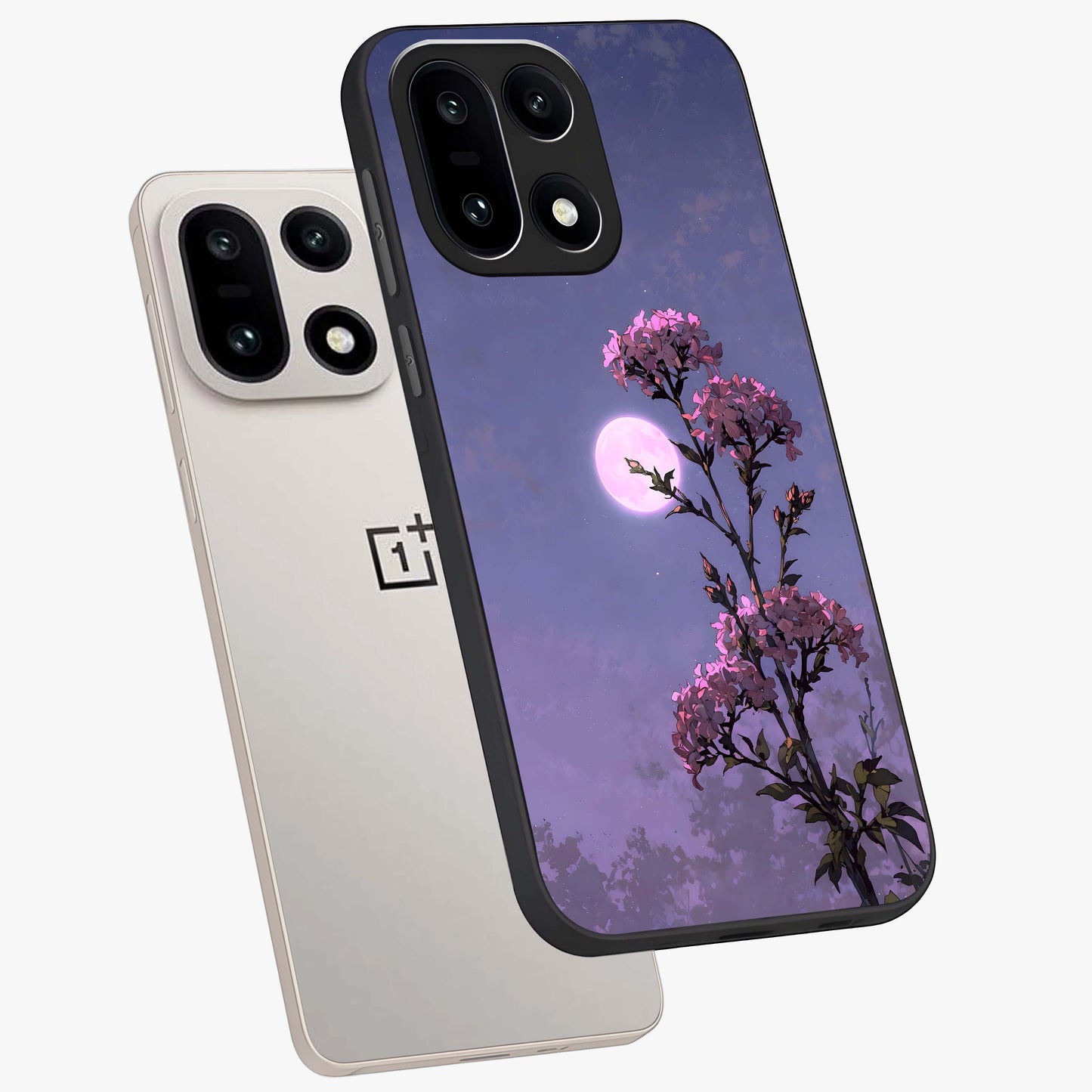 Moonlit Petal Night Glass Case for 1+15 angled mockup showcasing glossy finish and subtle moonlight detailing