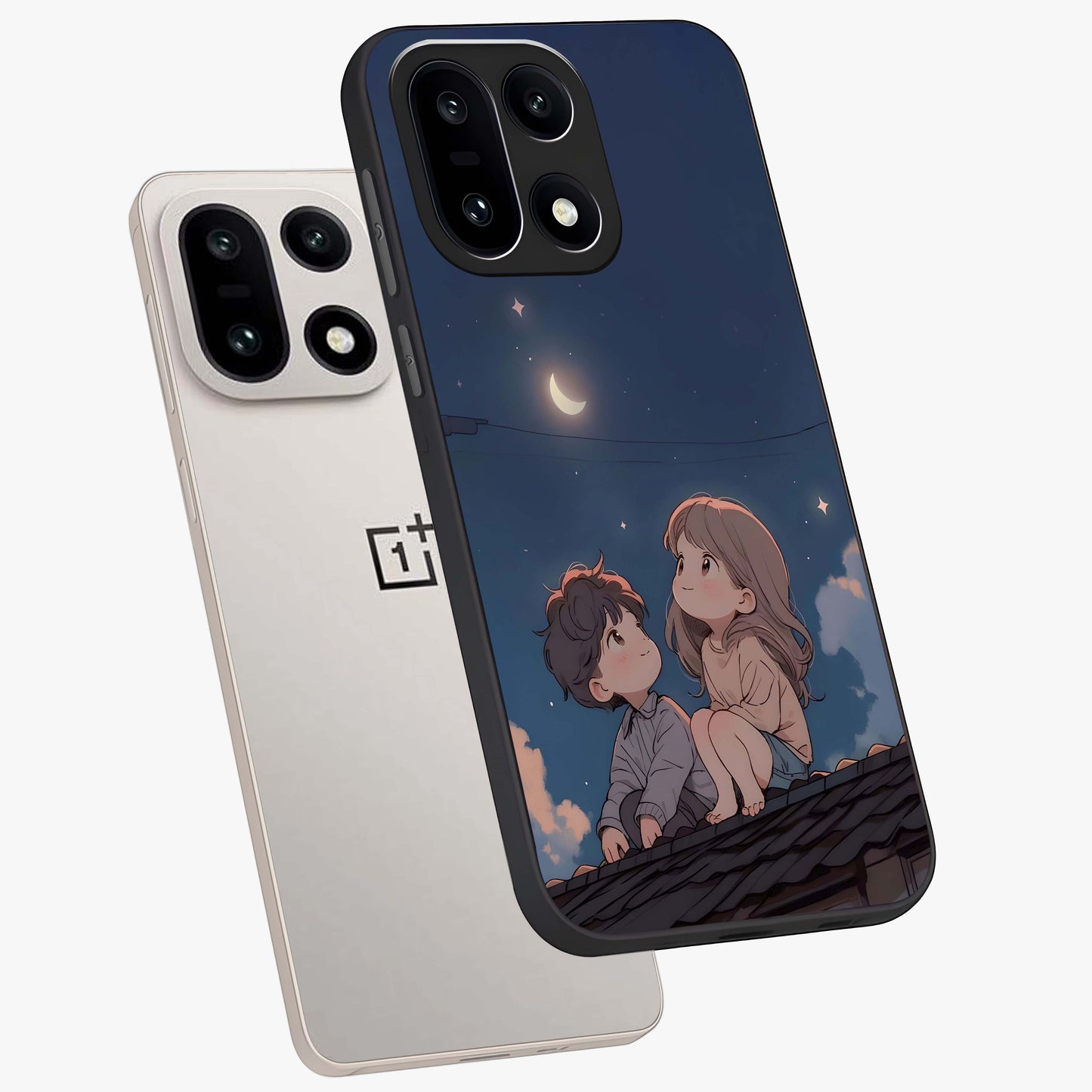 Moonlit Promise Together Glass Case for 1+15 angled mockup showcasing glossy finish and soft emotional detailing