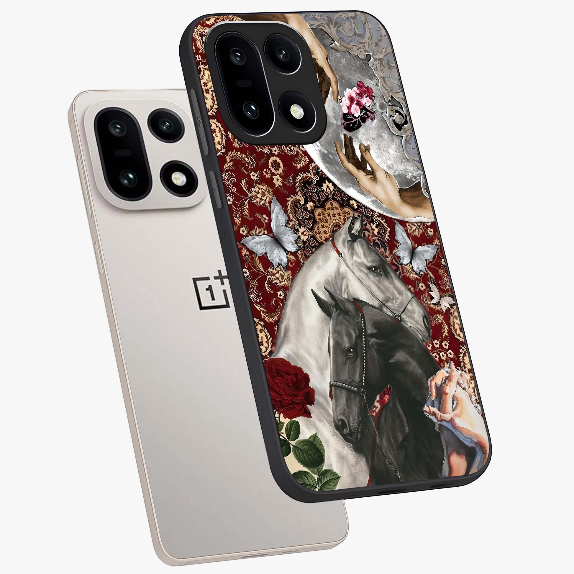 Moonlit Royal Stallion Glass Case for 1+15 angled mockup showcasing glossy finish and deep midnight tones