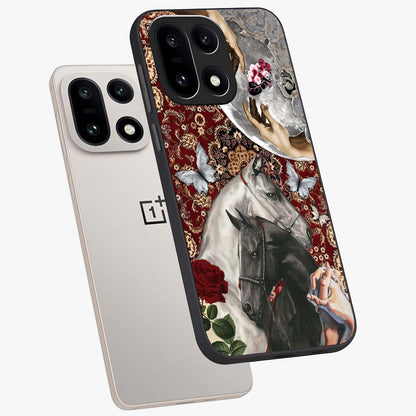 Moonlit Royal Stallion Glass Case for 1+15 angled mockup showcasing glossy finish and deep midnight tones