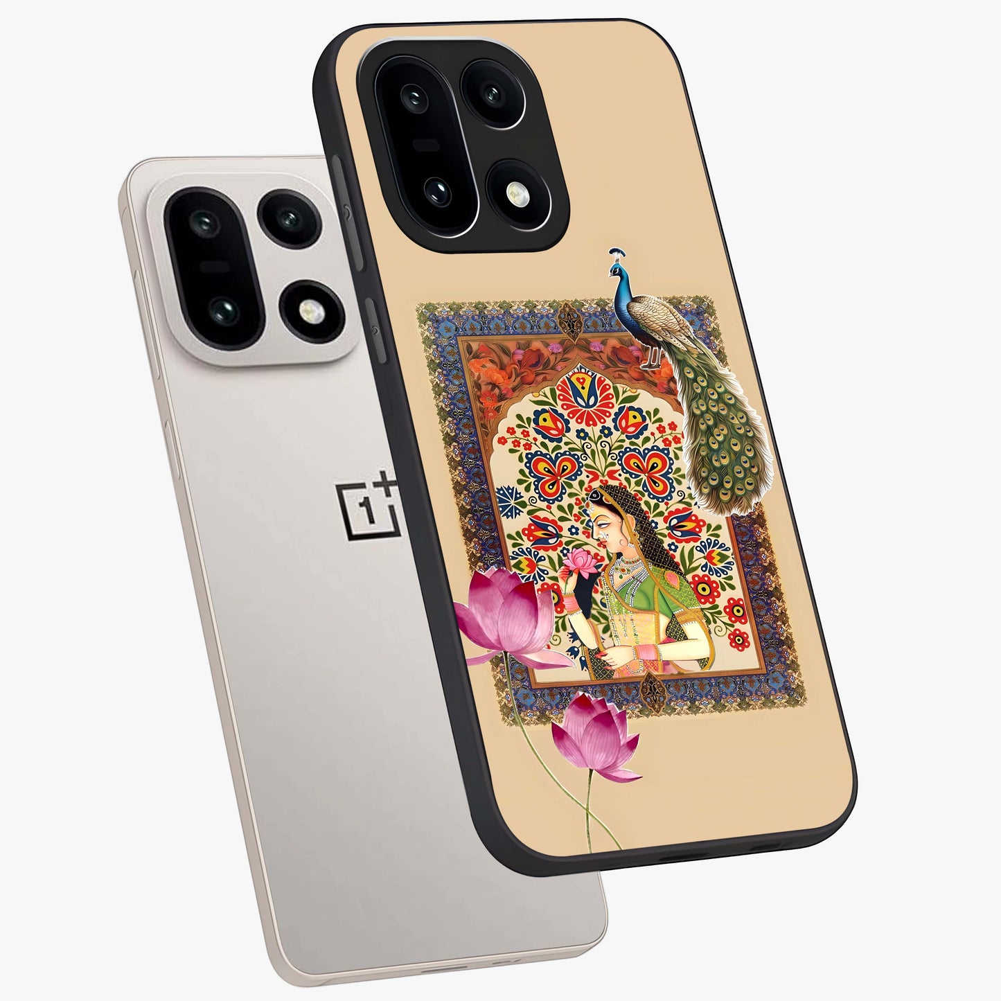 Mughal Princess and Peacock Glass Case for 1+15 angled mockup showcasing glossy finish and rich heritage tones