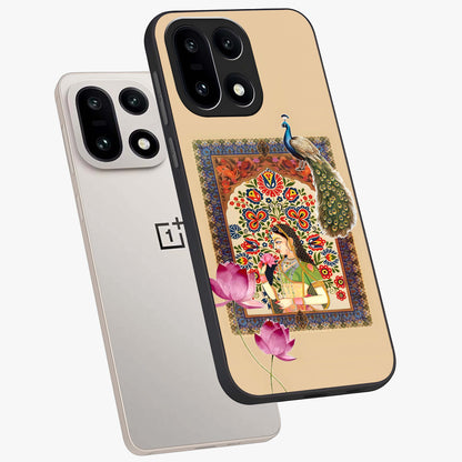 Mughal Princess and Peacock Glass Case for 1+15 angled mockup showcasing glossy finish and rich heritage tones