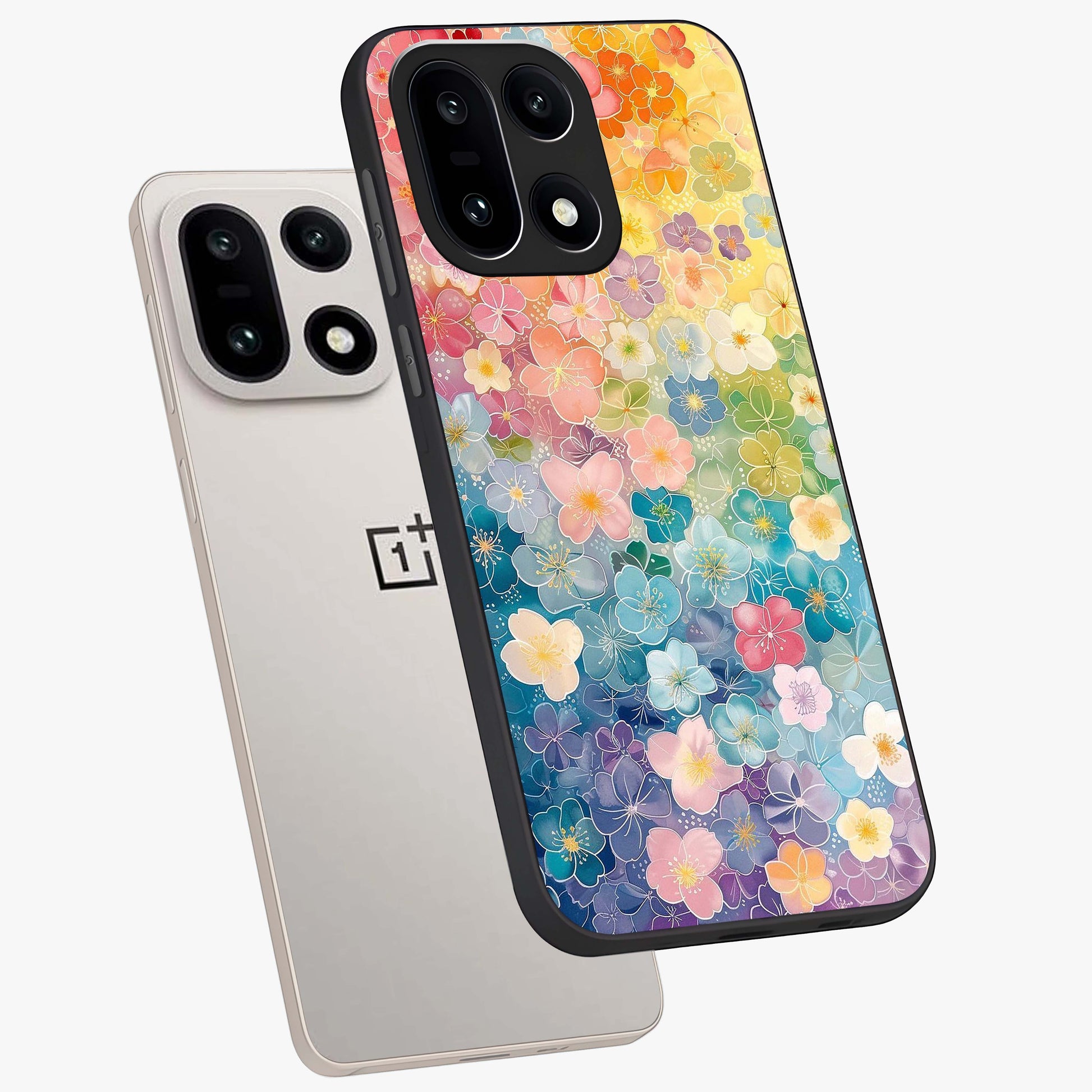 Multiple Background With Flower Glass Case for 1+15 angled mockup showcasing glossy glass finish and colorful detailing