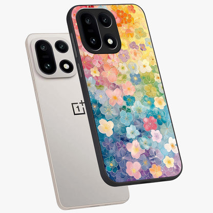 Multiple Background With Flower Glass Case for 1+15 angled mockup showcasing glossy glass finish and colorful detailing