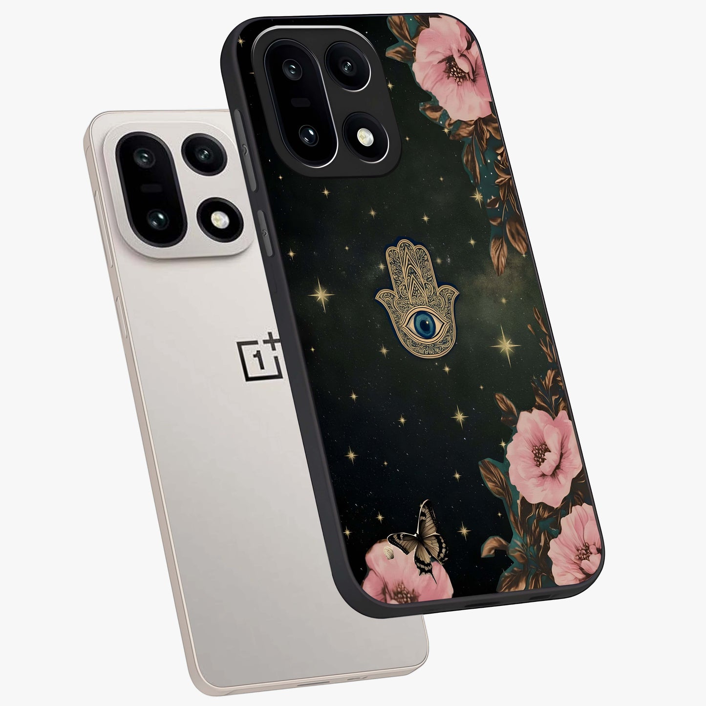 Mystic Bloom Protection Glass Case for 1+15 angled mockup showcasing glossy finish and vibrant spiritual tones