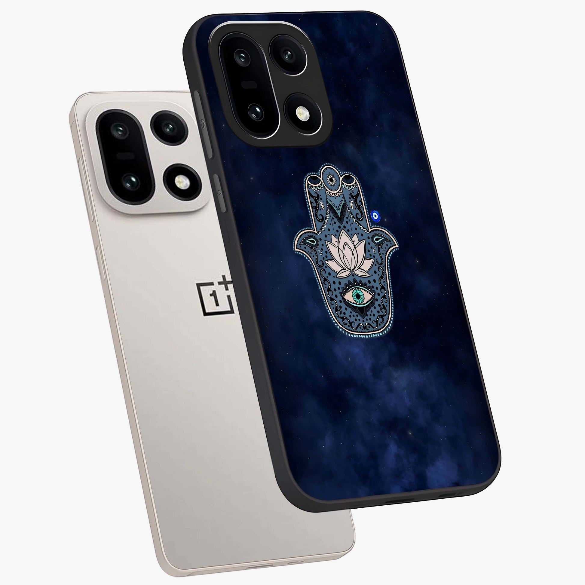 Mystic Calm Shield Glass Case for 1+15 angled mockup showcasing glossy finish and subtle mystical detailing