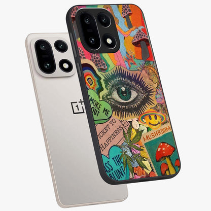Mystic Eye Wonderland Glass Case for 1+15 angled mockup showcasing glossy finish and vibrant cosmic tones