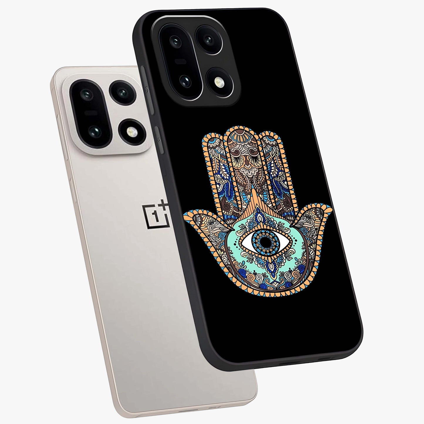 Mystic Hamsa Eye Glass Case for 1+15 angled mockup showcasing glossy finish and protective design elements