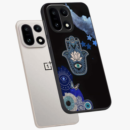 Mystic Hand Aura Glass Case for 1+15 angled mockup showcasing glossy finish and radiant mystical detailing