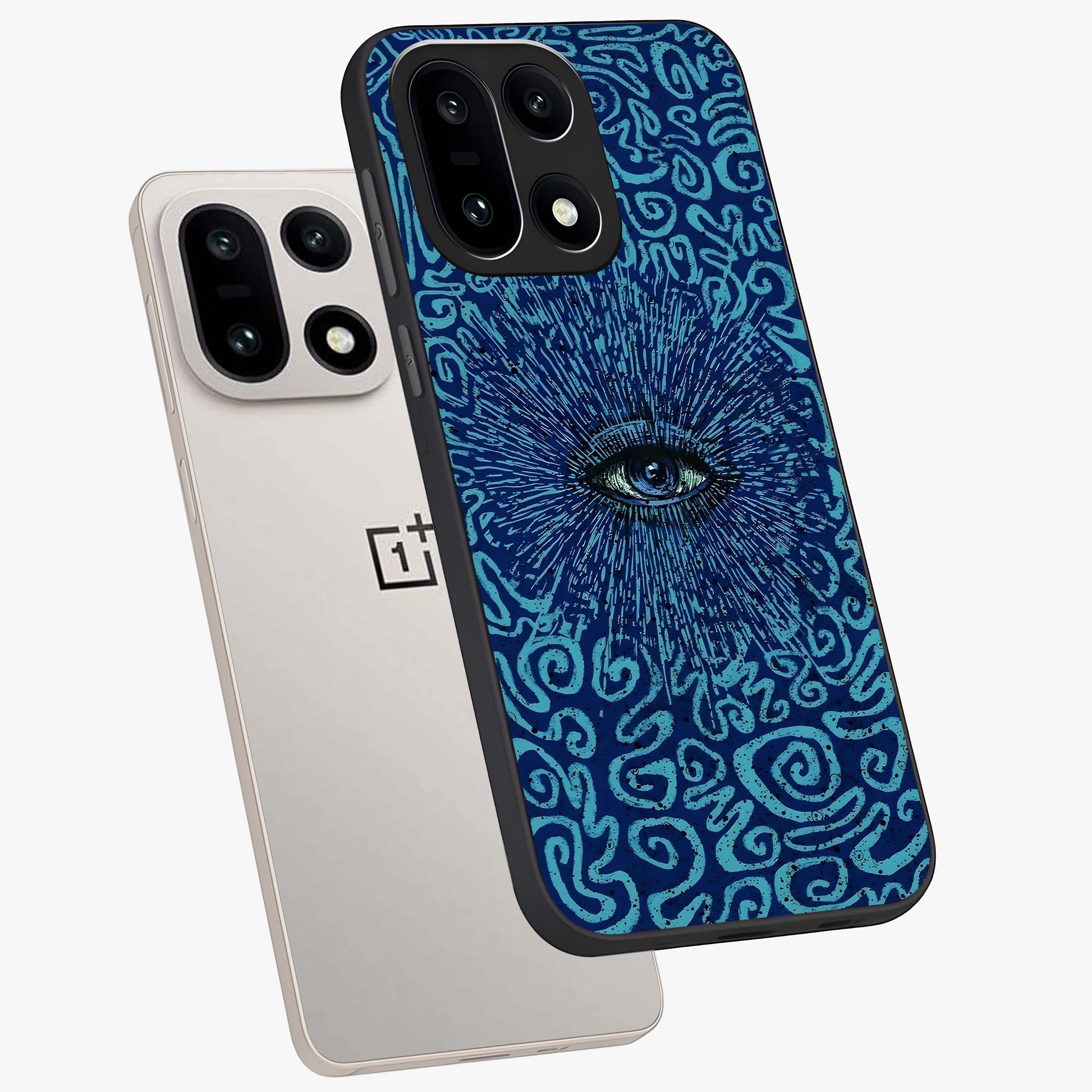 Mystic Inner Eye Glass Case for 1+15 angled mockup showcasing glossy finish and deep cosmic gradients