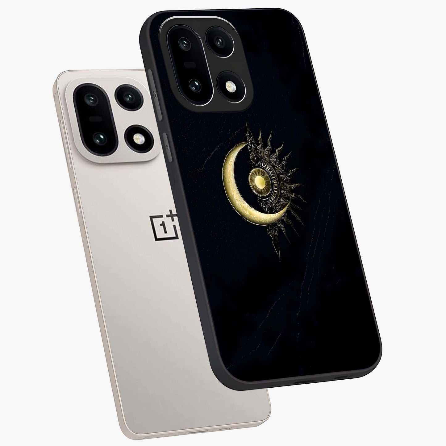 Mystic Lunar Flame Glass Case for 1+15 angled mockup showcasing glossy finish and glowing night tones
