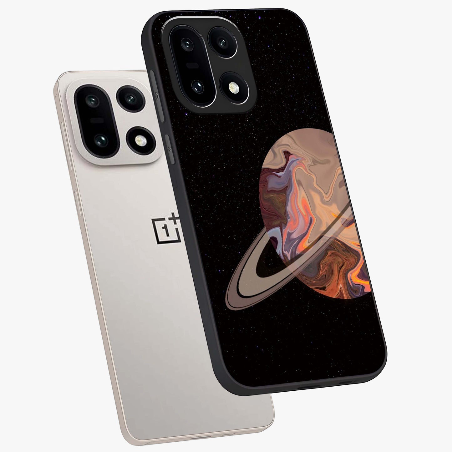 Mystic Saturn Aesthetic Glass Case for 1+15 angled mockup showcasing glossy finish and deep space gradients