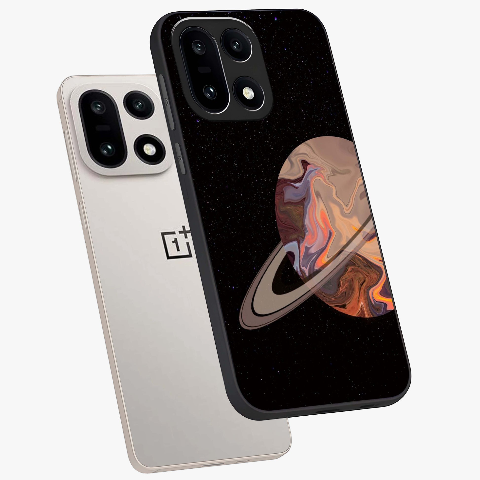 Mystic Saturn Aesthetic Glass Case for 1+15 angled mockup showcasing glossy finish and deep space gradients