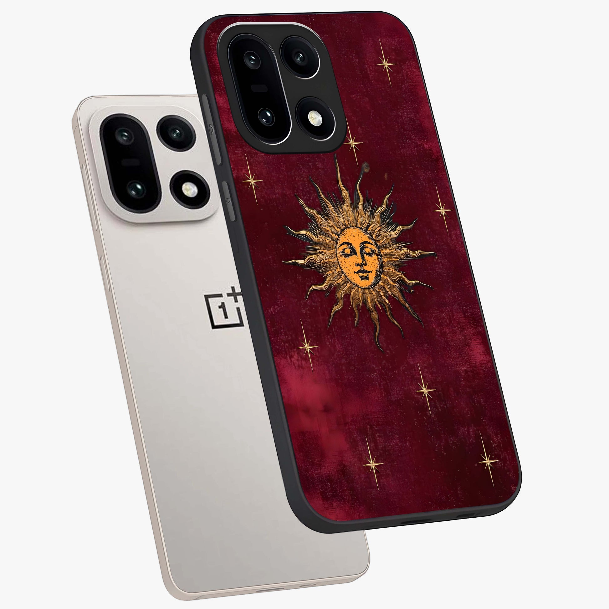Mystic Solar Glow Glass Case for 1+15 angled mockup showcasing glossy glass finish and warm golden tones