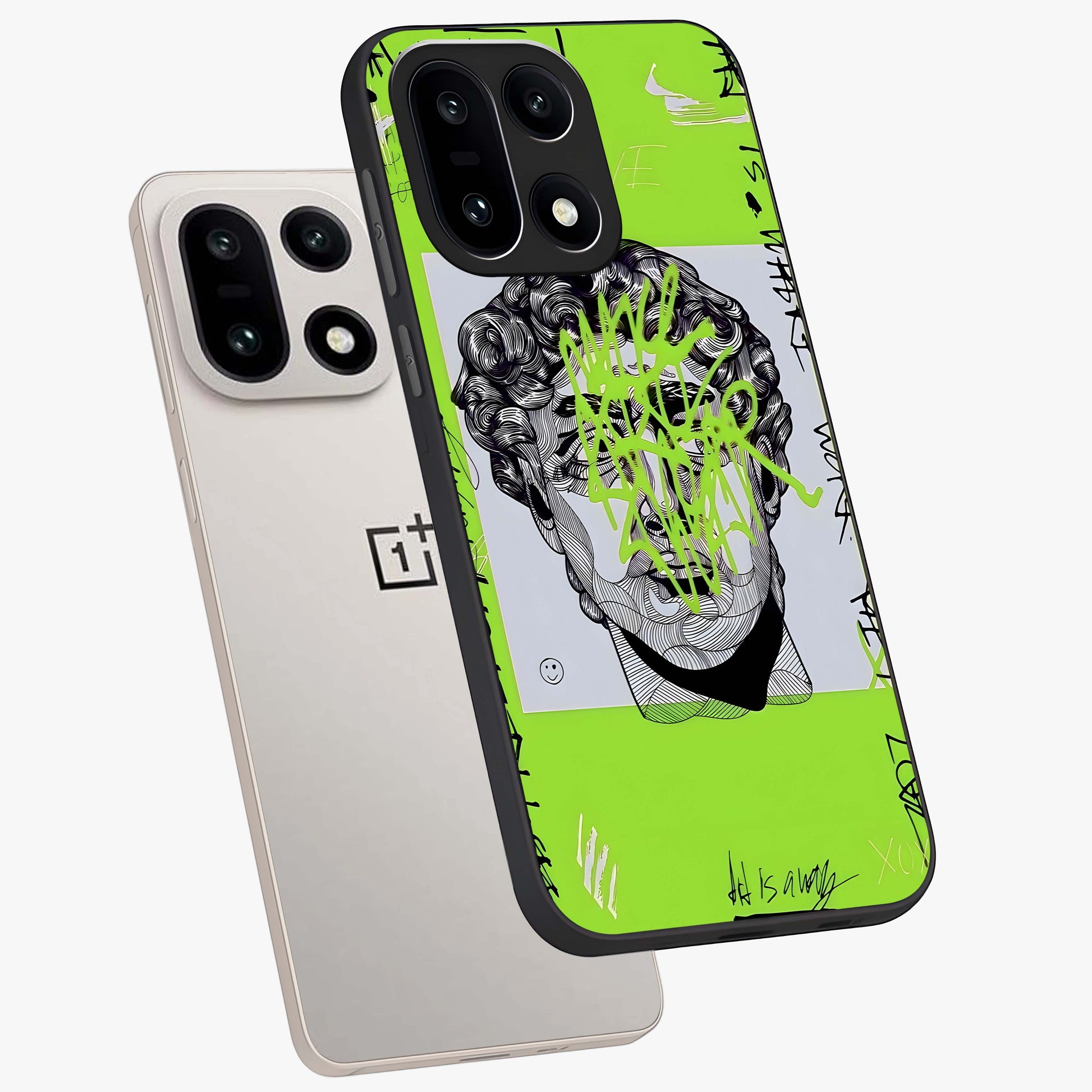 Neo Graffiti Rebellion Glass Case for 1+15 angled mockup showcasing glossy finish and urban neon detailing