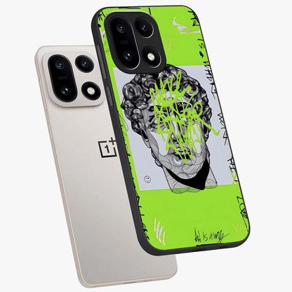 Neo Graffiti Rebellion Glass Case for 1+15 angled mockup showcasing glossy finish and urban neon detailing