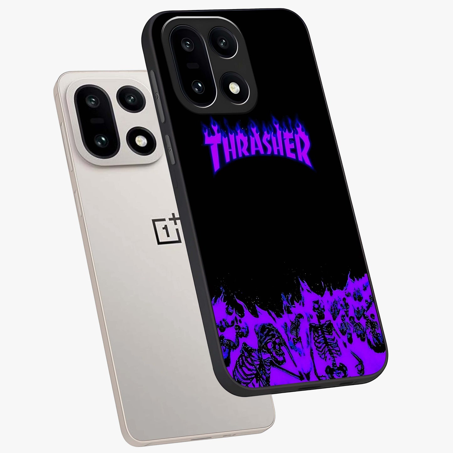 Neon Flame Riot Glass Case for 1+15 angled mockup showcasing glossy finish and high contrast colors